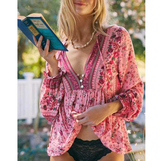 Super Chic pink floral blouse women 2022 cotton za women blouse for women boho women tops long sleeve summer flower shirt women