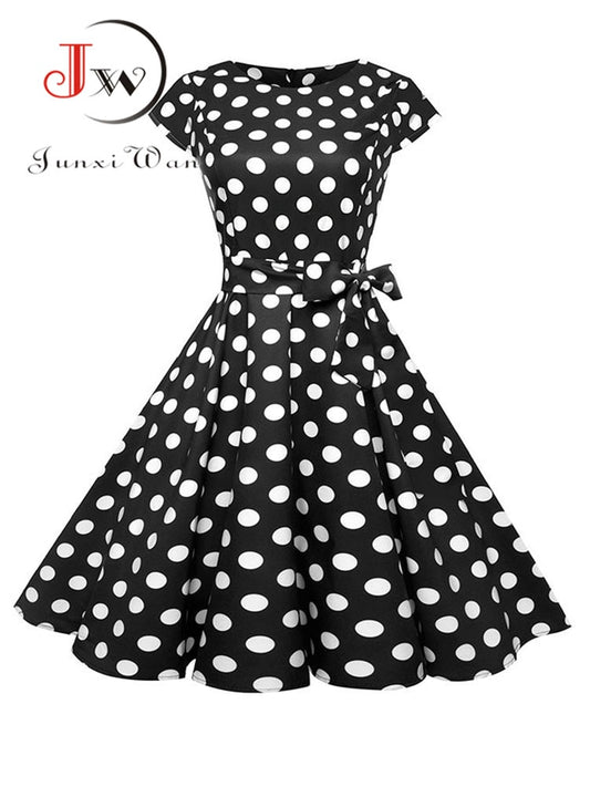 Black White Polka Dot Vintage Dress Summer Women Floral Print Short Sleeve Retro Robe Rockabilly Dresses Party Jurkjes