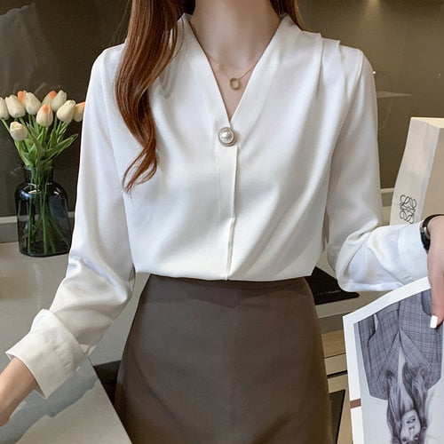 Long Sleeve V-Neck Office Lady Blouse Tops Women Blouse Women Blusas Mujer De Moda 2021 Chiffon Blouse Women Blouses Blusa E205