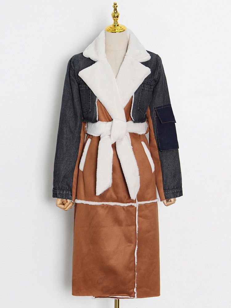 TWOTWINSTYLE Casual Patchwork Pockets Colorblock Jackets For Women Lapel Loose Long Sleeve Female 2022 Winter Fashion Clothes