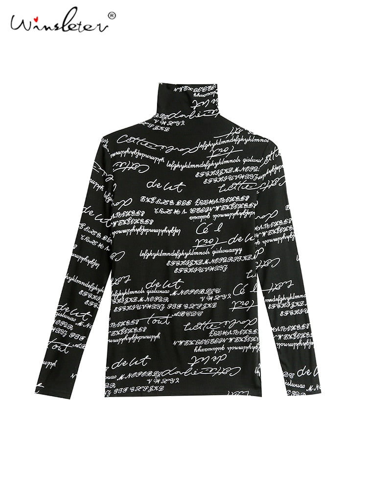 Fast Ship Vintage Print Tops Letters Doodle T-shirt Women Turtleneck Long Sleeve Slim Stretchy Tee Casual Women Clothing Spring