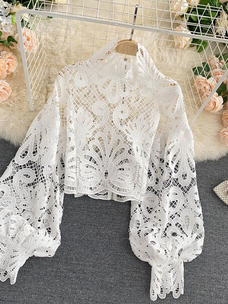 Sexy Lace Hollow Out Short Blouse Casual Lantern Long Sleeve Stand Collar Shirts Female Elegant Red/Pink/White Loose Tops 2020