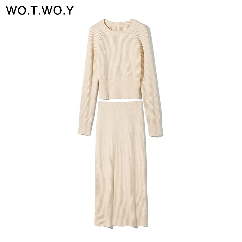 WOTWOY Knitting Cashmere Pullover and Skirt Two Piece Set Women Slim Fit Cropped Tops Women Autumn Elegant Sweater Outfits Women