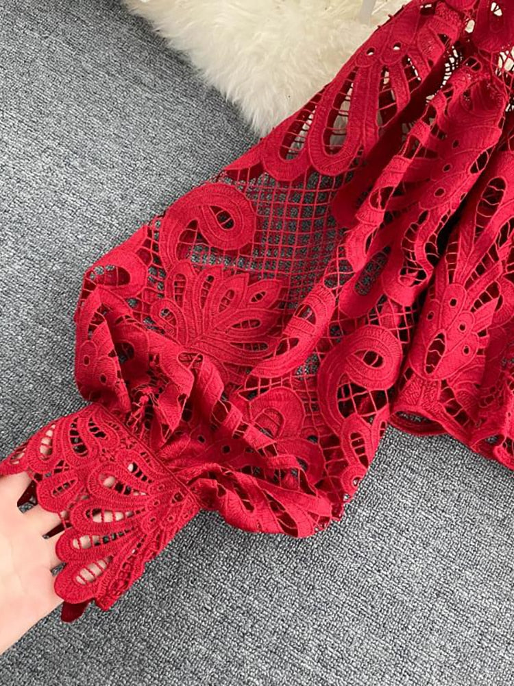 Sexy Lace Hollow Out Short Blouse Casual Lantern Long Sleeve Stand Collar Shirts Female Elegant Red/Pink/White Loose Tops 2020