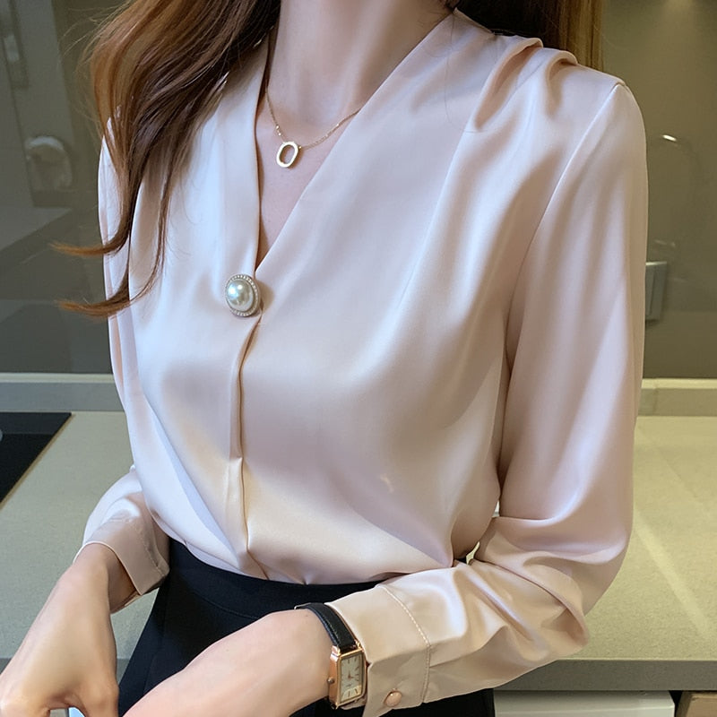 Long Sleeve V-Neck Office Lady Blouse Tops Women Blouse Women Blusas Mujer De Moda 2021 Chiffon Blouse Women Blouses Blusa E205