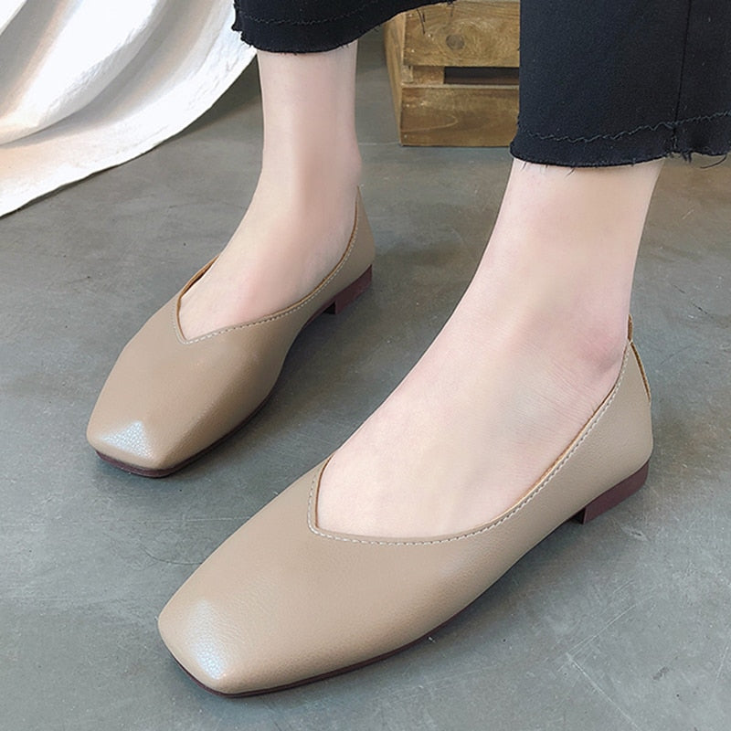 Fashion Women Flat Shoe  Elegant Shallow Low-heeled Sandals 2021 Beige Korean Slippers Square Toe Slip-on Simple Woman Shoes
