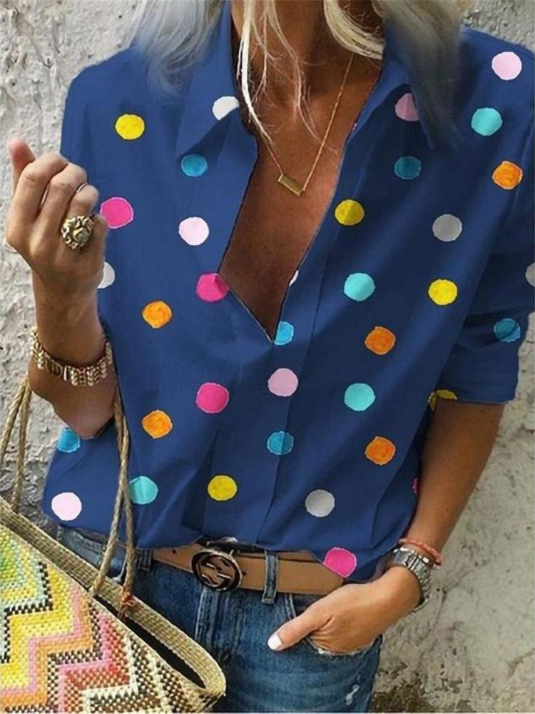 2022 New Polka Dot Blouse Women Turn Down Collar Long Sleeve  Shirts  Plus Size Clothes Streetwear White Blouse Women Xxl