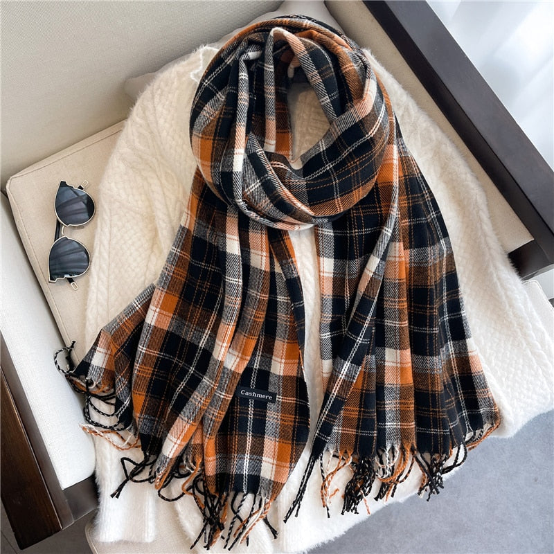 Luxury Plaid Scarf Winter Warm Cashmere Women Long Pashmina Foulard Female Scarves Lady Tassel Shawl Wraps 2022 Design New