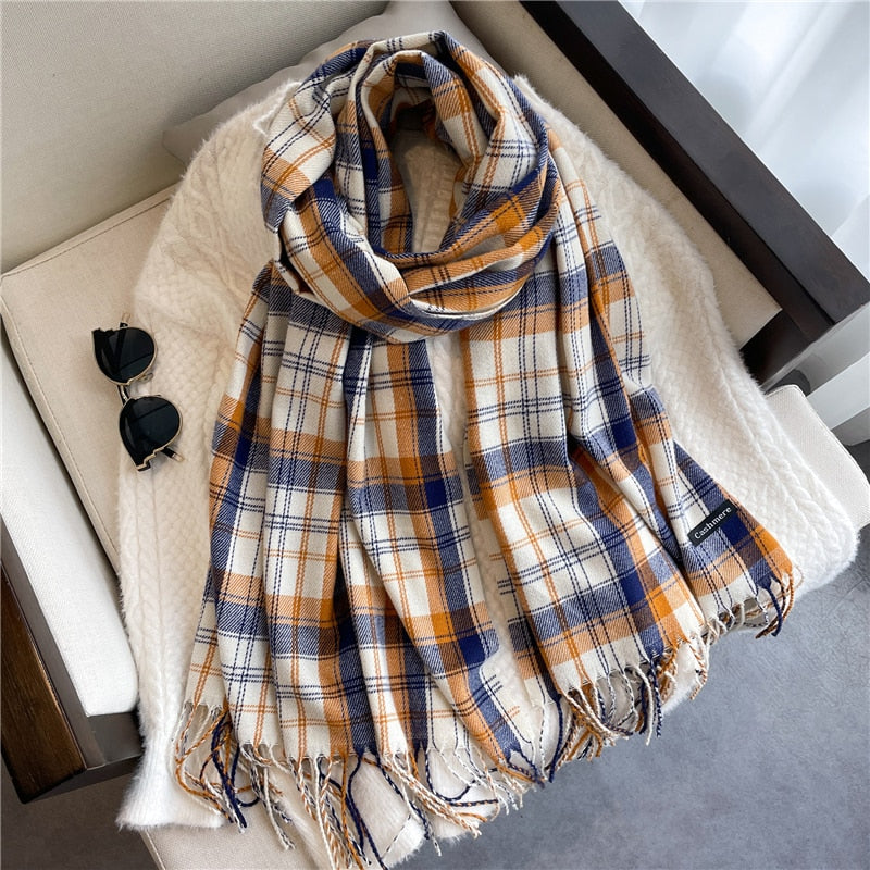 Luxury Plaid Scarf Winter Warm Cashmere Women Long Pashmina Foulard Female Scarves Lady Tassel Shawl Wraps 2022 Design New