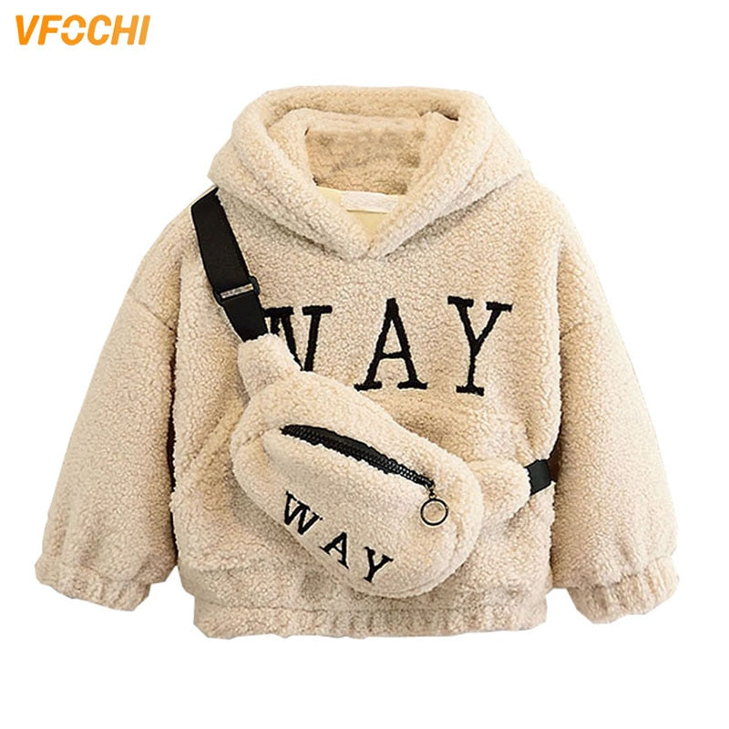 VFOCHI Boy Girl Sweatshirts with Bag Winter Wool Thick Children Hooded Long Sleeves Sweatshirt Unisex Warm Boy Girls Sweatshirts