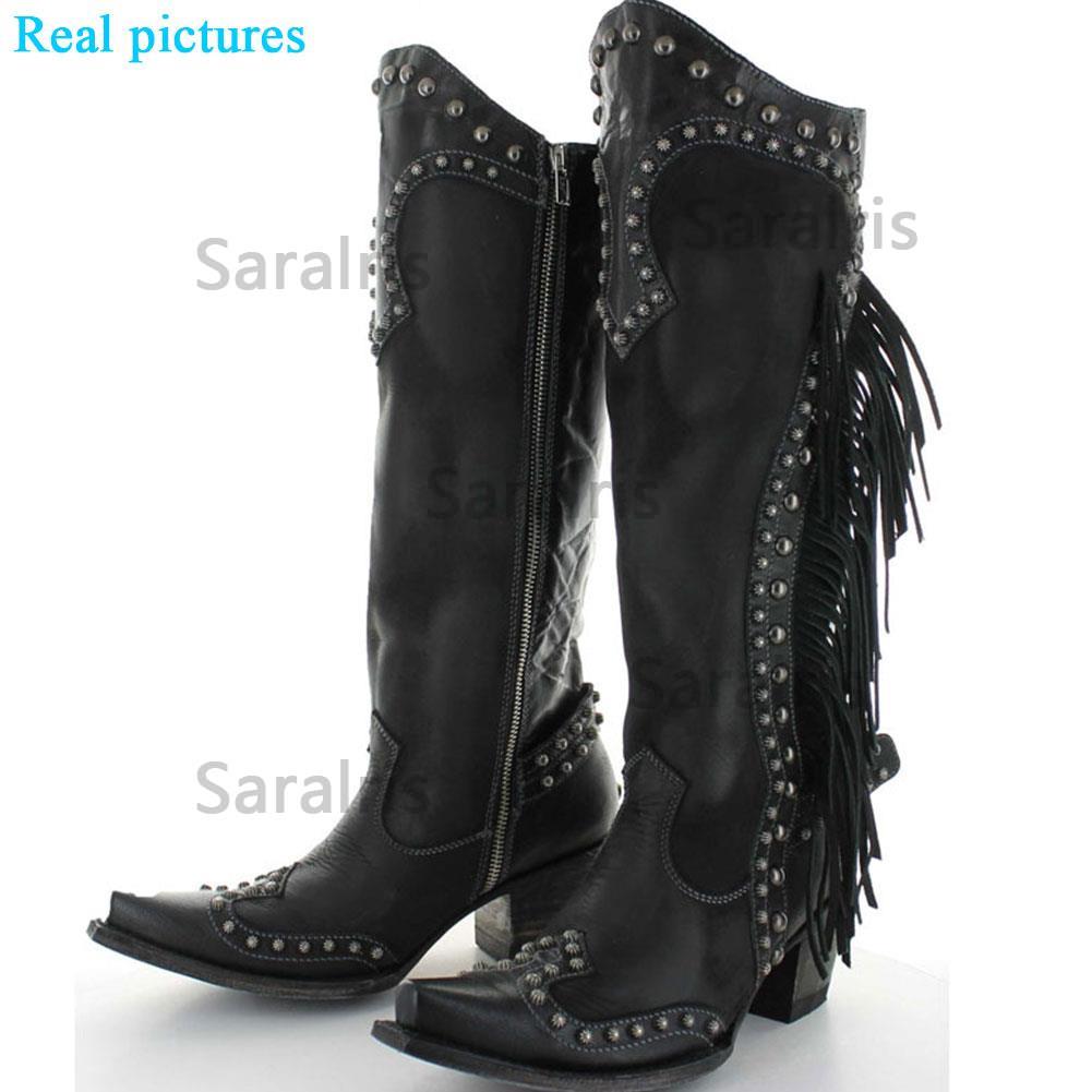 2022 New Fashion Autumn Ethnic Vintage Tassled Knight Boots Woman Shoes Riveting Nail Zip Popular Shoes Ladies Boots Female