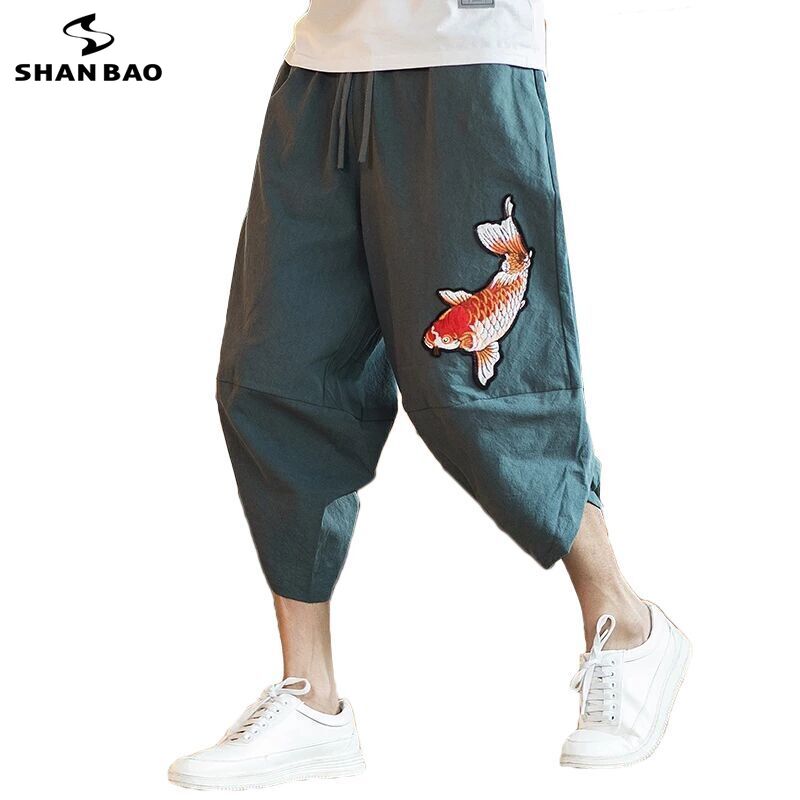 Brand loose cropped pants Japanese and Korean style 2022 summer new fashion squid embroidery men's large size harem pants