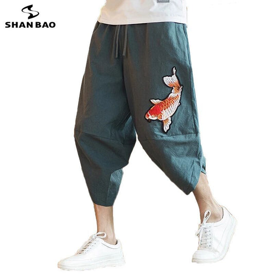 Brand loose cropped pants Japanese and Korean style 2022 summer new fashion squid embroidery men's large size harem pants