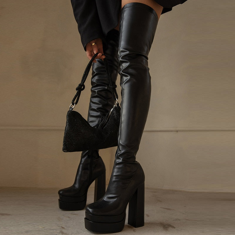 Women Shoes Black Thigh High Boots New Autumn Pu Leather Low Heel Comfortable Shoes Over The Knee Waterproof Boots Ladies Shoes