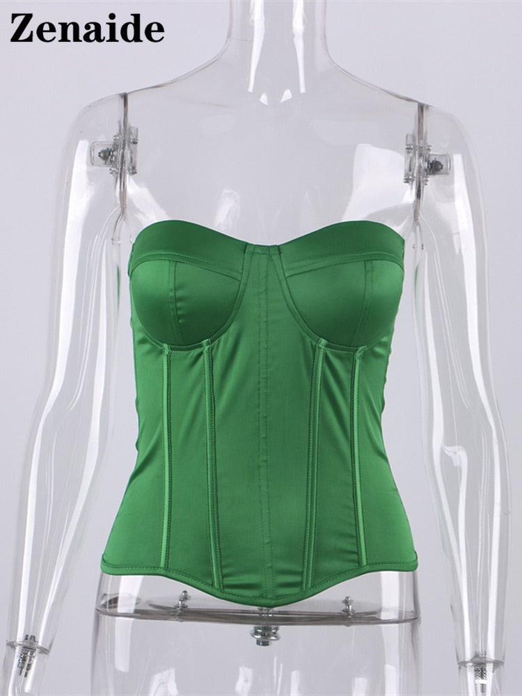 Zenaide Sexy Satin Corset Top Bare Shoulder Summer Women Tube Club Outfits Backless Off Shoulder Crop Top
