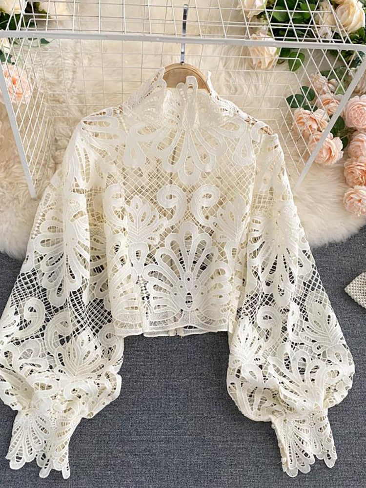 Sexy Lace Hollow Out Short Blouse Casual Lantern Long Sleeve Stand Collar Shirts Female Elegant Red/Pink/White Loose Tops 2020