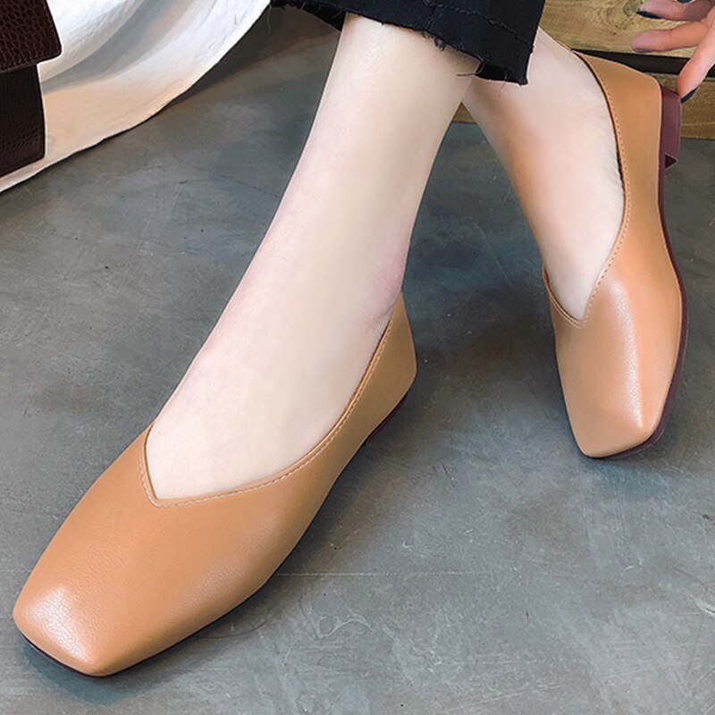 Fashion Women Flat Shoe  Elegant Shallow Low-heeled Sandals 2021 Beige Korean Slippers Square Toe Slip-on Simple Woman Shoes