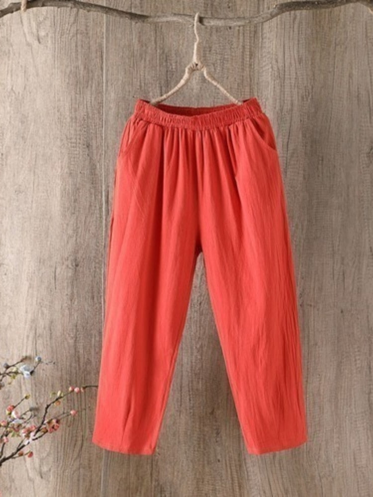 Cotton Linen Pants Women Spring Summer Large Size Solid Color Harem Pants Elastic Waist Loose Casual Woman&#39;s Linen Trousers