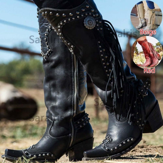 2022 New Fashion Autumn Ethnic Vintage Tassled Knight Boots Woman Shoes Riveting Nail Zip Popular Shoes Ladies Boots Female