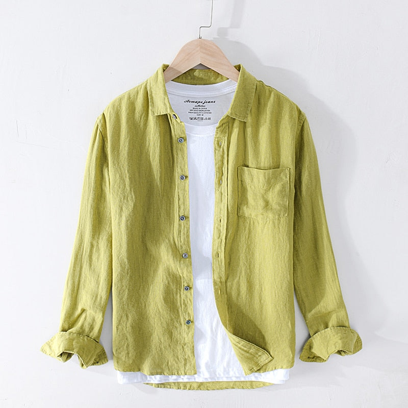 Pure Linen Shirts for Men Long Sleeve Casual Turn-down Collar Basic Classic Tops Male Fashion Solid Color Retro Clothing 2022