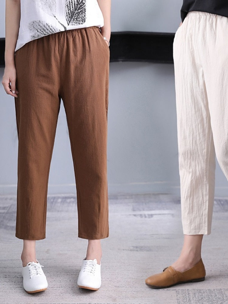Cotton Linen Pants Women Spring Summer Large Size Solid Color Harem Pants Elastic Waist Loose Casual Woman&#39;s Linen Trousers