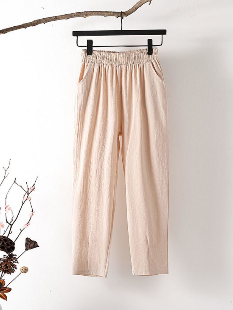 Cotton Linen Pants Women Spring Summer Large Size Solid Color Harem Pants Elastic Waist Loose Casual Woman&#39;s Linen Trousers