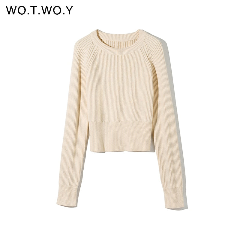 WOTWOY Knitting Cashmere Pullover and Skirt Two Piece Set Women Slim Fit Cropped Tops Women Autumn Elegant Sweater Outfits Women