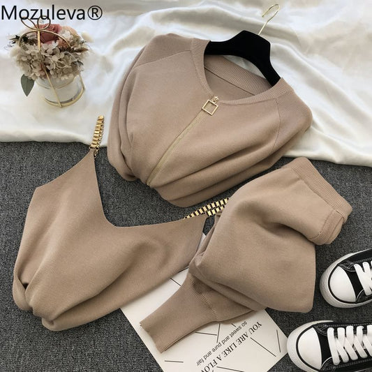 mozuleva Women 2022 Autumn Winter Knitted Vest Zipper Cardigans Pants 3pcs Sets Tracksuits Outfits