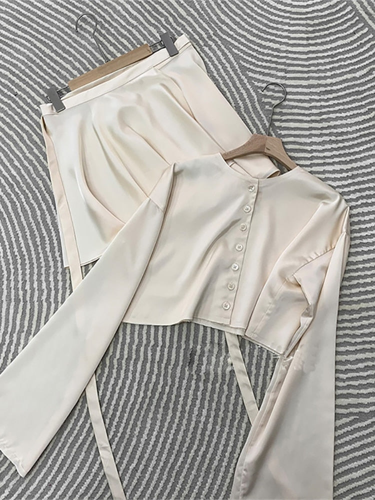 Fantoye Casual Satin Two Piece Dress Set For Women White O-neck Button Top Bandage Mini Pencil Skirts Outfits Fashion Party Suit