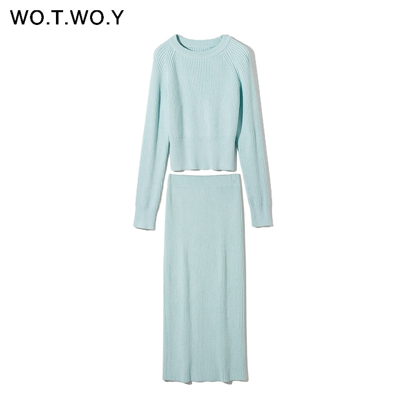 WOTWOY Knitting Cashmere Pullover and Skirt Two Piece Set Women Slim Fit Cropped Tops Women Autumn Elegant Sweater Outfits Women