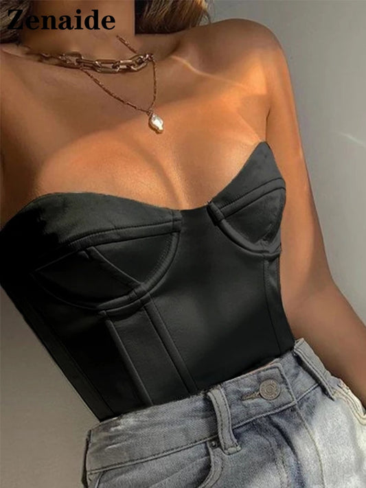 Zenaide Sexy Satin Corset Top Bare Shoulder Summer Women Tube Club Outfits Backless Off Shoulder Crop Top