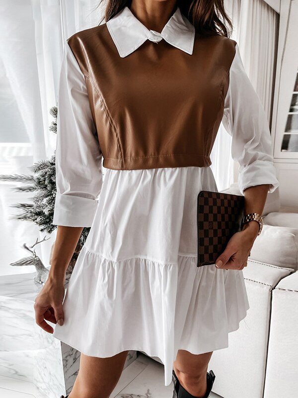 Nadafair Plaid Women's Dress Casual 2021 A-Line PU Leather Patchwork Long Sleeve Vestidos Party Elegant Short Mini Dress Women