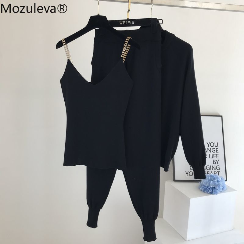 mozuleva  Women 2022 Autumn Winter Knitted  Vest Zipper Cardigans Pants 3pcs Sets Tracksuits Outfits