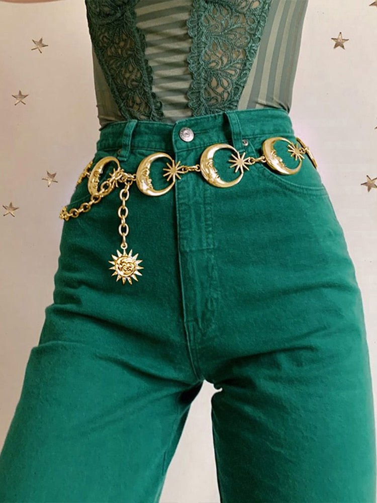 InsGoth Harajuku Punk Moon Metal Belts Women Vintage High Waist Chain Gothic Sun Sliver Pendant Belts Aesthetic Female Partywear