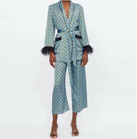 Women&#39;s Suits Sunc Spring LOOSE Blue Printed Kimono Jacket with Feather Sleeves Wide Leg Pants Two-piece Viintage Clothing Suits