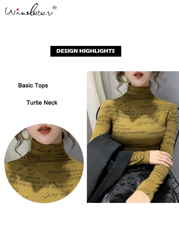 Fast Ship Vintage Print Tops Letters Doodle T-shirt Women Turtleneck Long Sleeve Slim Stretchy Tee Casual Women Clothing Spring