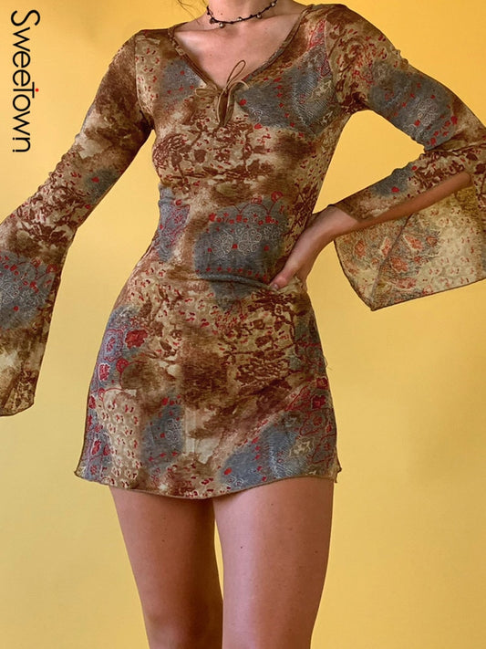Sweetown Flared Sleeve V Neck Tie Up Vintage Print Y2K A Line Dress Split Elegant Sexy Fairycore Grunge Womens Autumn Dresses