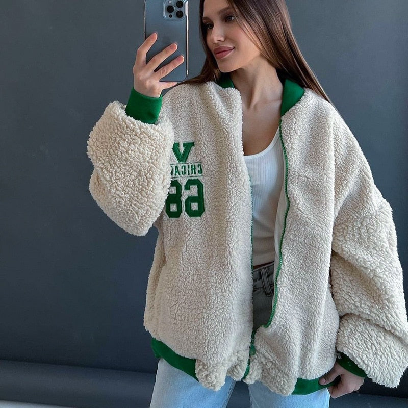 Y2k Green Print Fashion Baseball Bomber Coat 2022 Autumn Winter Oversized Patchwork Jacket Varsity Women Casual White