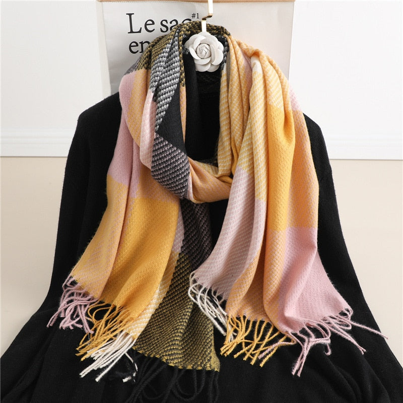 Luxury Plaid Scarf Winter Warm Cashmere Women Long Pashmina Foulard Female Scarves Lady Tassel Shawl Wraps 2022 Design New