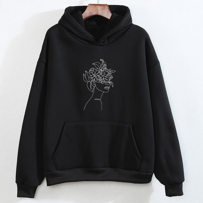 Funny Line Art Printed Oversized Hoodies Women Aesthetic Tumblr Vintage Hoodie Winter Womens Sweatshirt Casual Streetwear