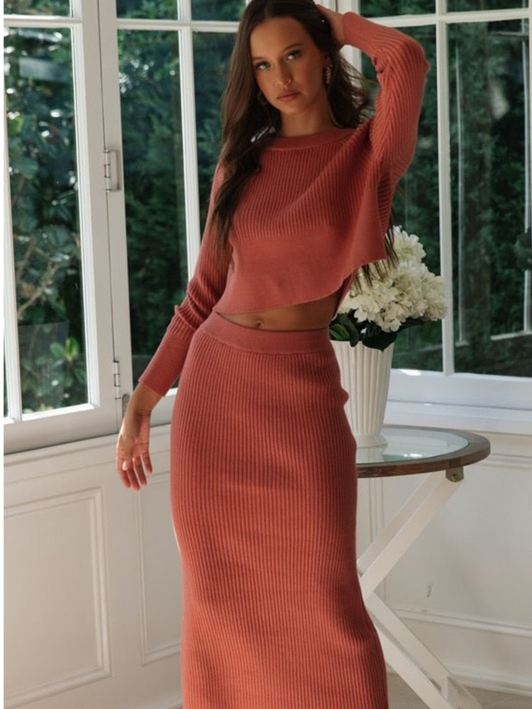 Knitted 2 Pieces Set Women Pullovers Sweater Crop Tops &amp; Knitted Skirts Bodycon Office Lady Skirts 2PCS Suits 2022 Winter Cloth