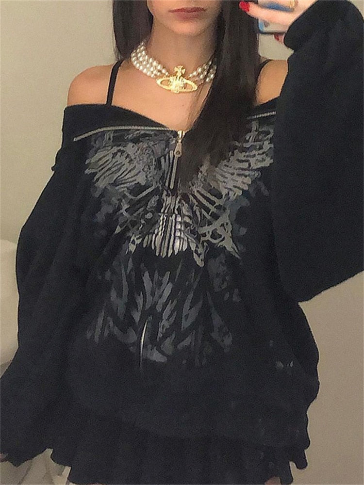 Butterfly Print Grunge Fairycore Hoodie Jackets Gothic Zip Up Loose Autumn Coats Retro Harajuku Cute Aesthetic Top Cuteandpsycho