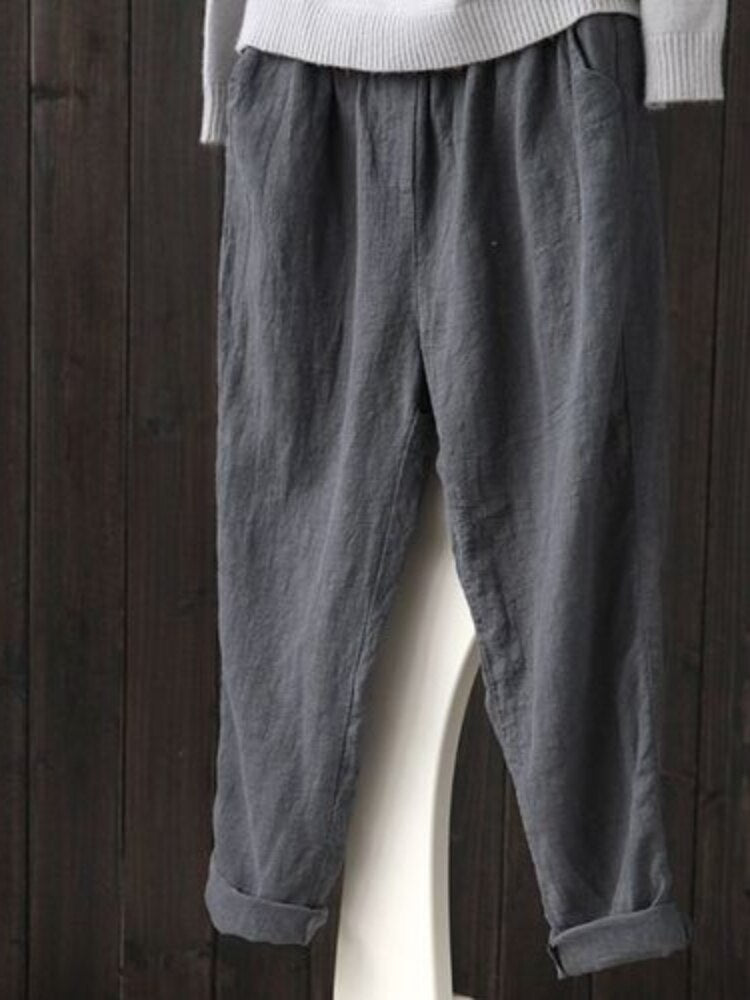 Cotton Linen Pants Women Spring Summer Large Size Solid Color Harem Pants Elastic Waist Loose Casual Woman&#39;s Linen Trousers