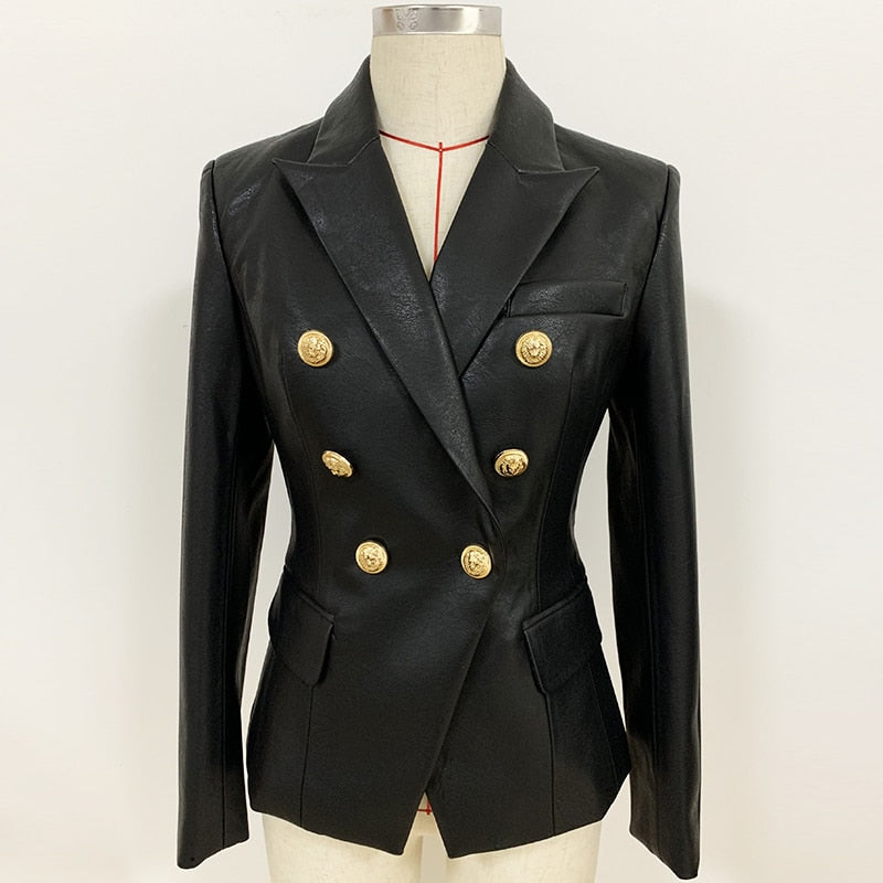 Newest Fall Winter 2022 Designer Blazer Jacket Women&#39;s Lion Metal Buttons Double Breasted Synthetic Leather Blazer Overcoat