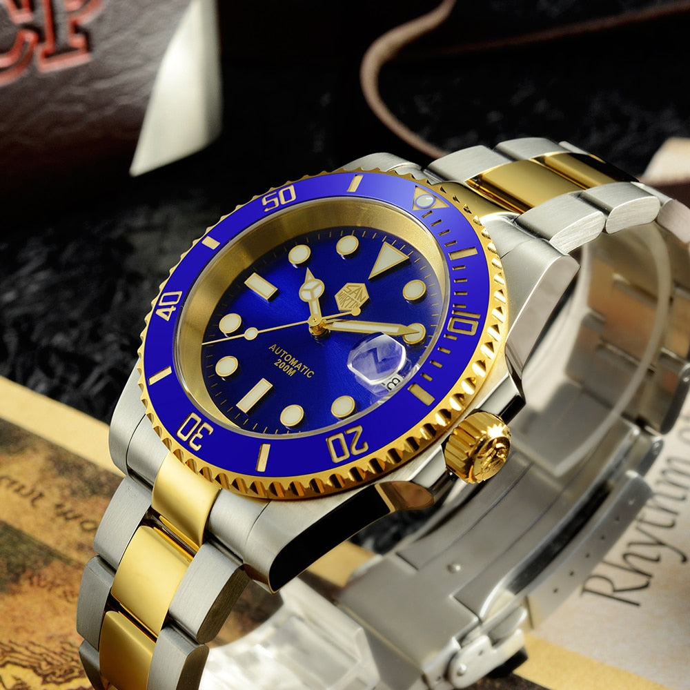 San Martin 40.5mm Diver Watch Two-tone Water Ghost NH35 Luxury Sapphire Men Mechanical Watches 20Bar Waterproof BGW-9 Luminous