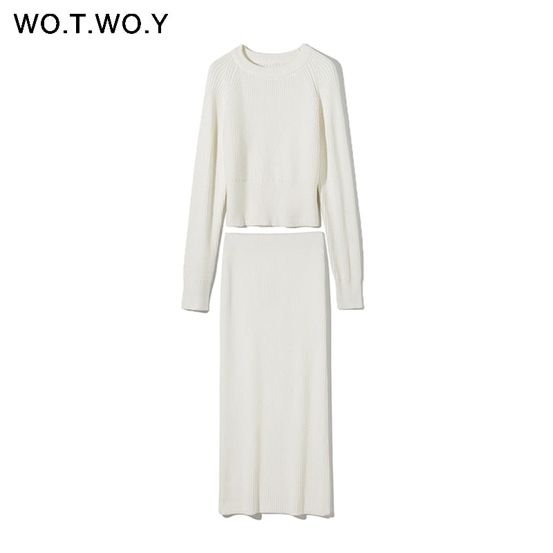 WOTWOY Knitting Cashmere Pullover and Skirt Two Piece Set Women Slim Fit Cropped Tops Women Autumn Elegant Sweater Outfits Women