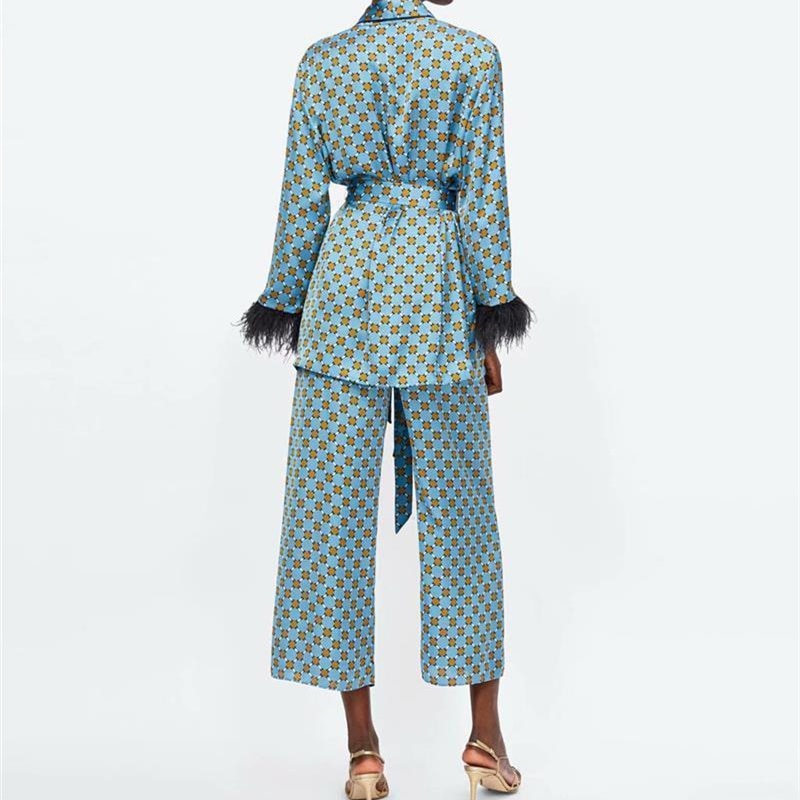 Women&#39;s Suits Sunc Spring LOOSE Blue Printed Kimono Jacket with Feather Sleeves Wide Leg Pants Two-piece Viintage Clothing Suits
