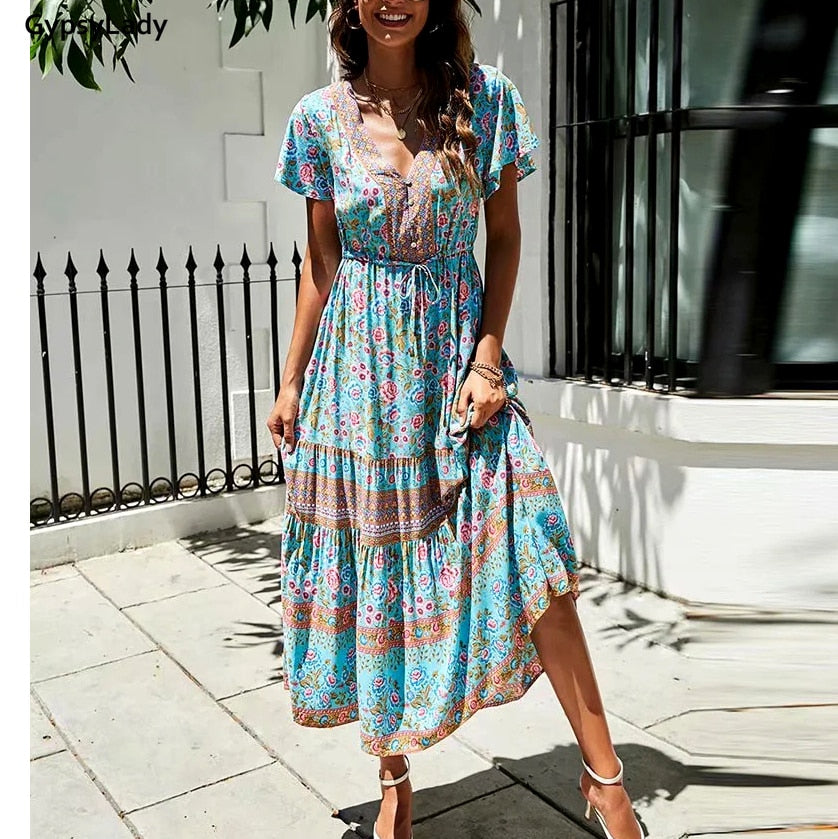 GypsyLady Floral Printed Maxi Dress Vintage Boho Summer Holiday Women Dresses Casual Chic Tie Lace Up Ladies Beach Female Dress