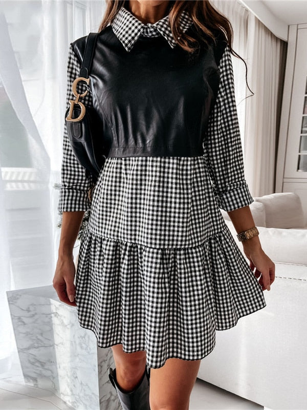 Nadafair Plaid Women's Dress Casual 2021 A-Line PU Leather Patchwork Long Sleeve Vestidos Party Elegant Short Mini Dress Women