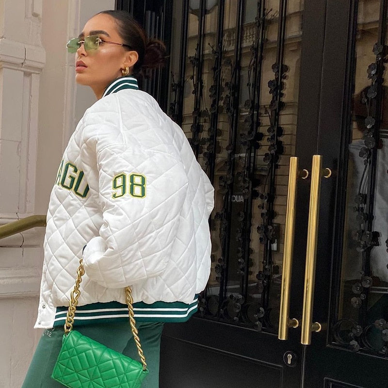 Y2k Green Print Fashion Baseball Bomber Coat 2022 Autumn Winter Oversized Patchwork Jacket Varsity Women Casual White